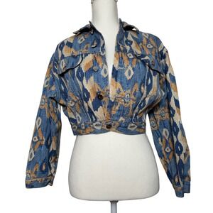 Vintage Patrick Cox Aztec Print Cropped Denim Jacket Women Small Western Boho